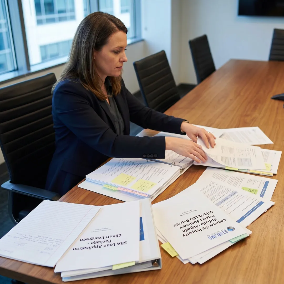 Finance consultant reviewing SBA loan documents