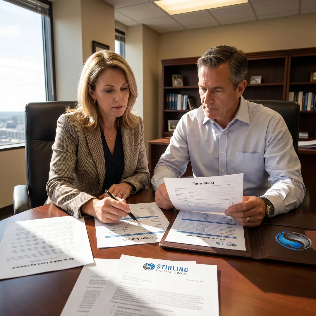 Investor and finance consultant reviewing rental loan terms