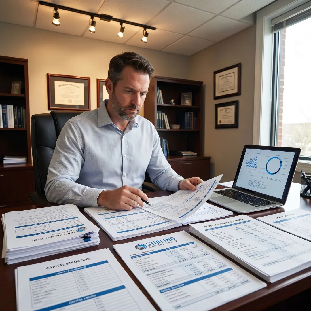 Loan specialist reviewing SBA financing documents