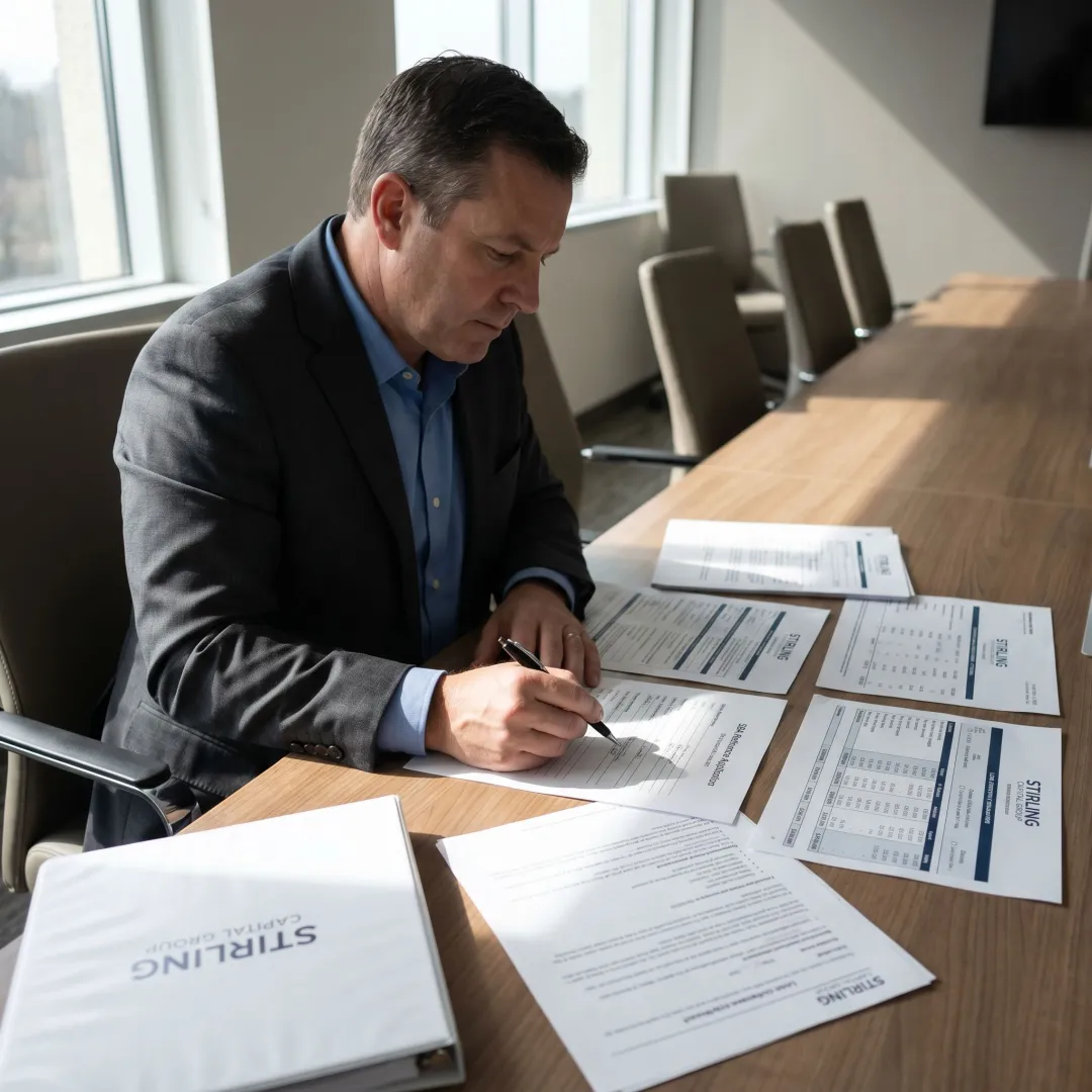 Business finance advisor reviewing refinance documents