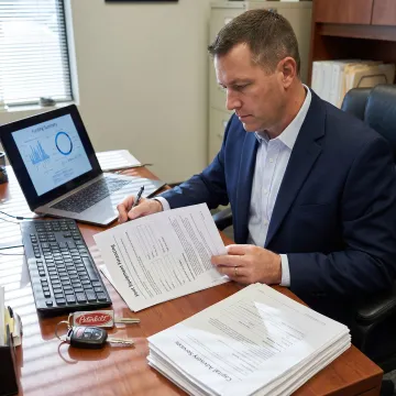 Finance consultant reviewing semi truck fleet funding documents