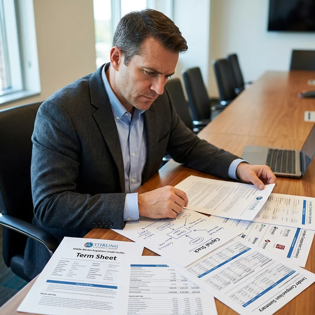 Finance consultant reviewing acquisition funding documents