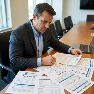Finance consultant reviewing acquisition funding documents