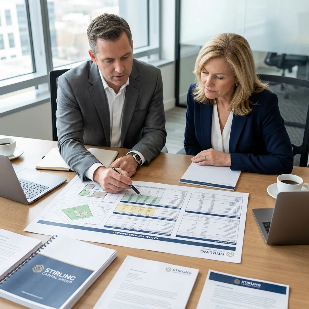 Commercial finance consultant reviewing loan documents