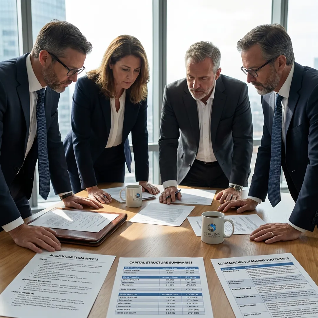Consultants reviewing acquisition financing documents
