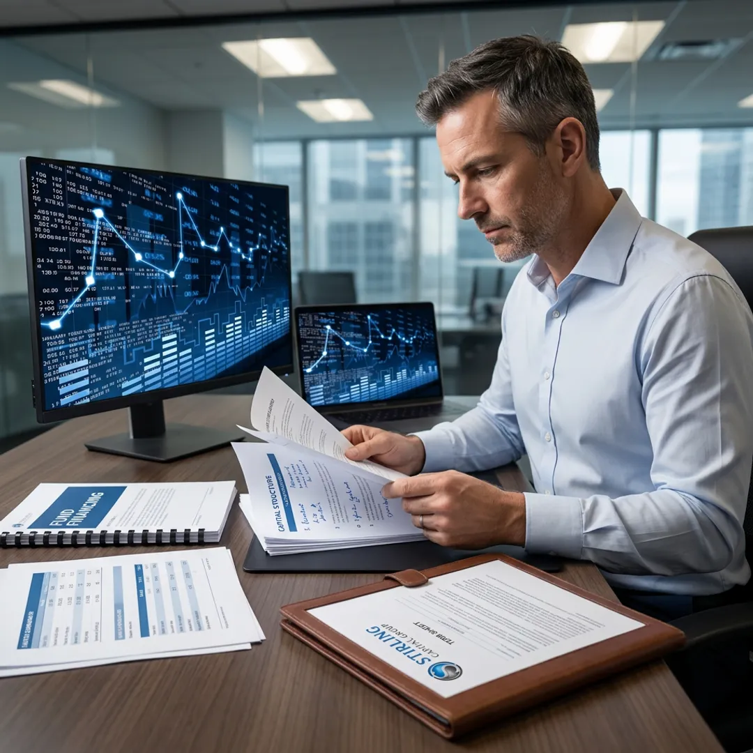 Commercial finance consultant reviewing fund financing documents