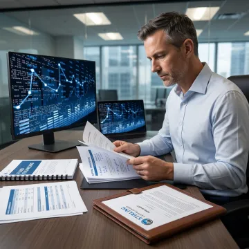 Commercial finance consultant reviewing fund financing documents