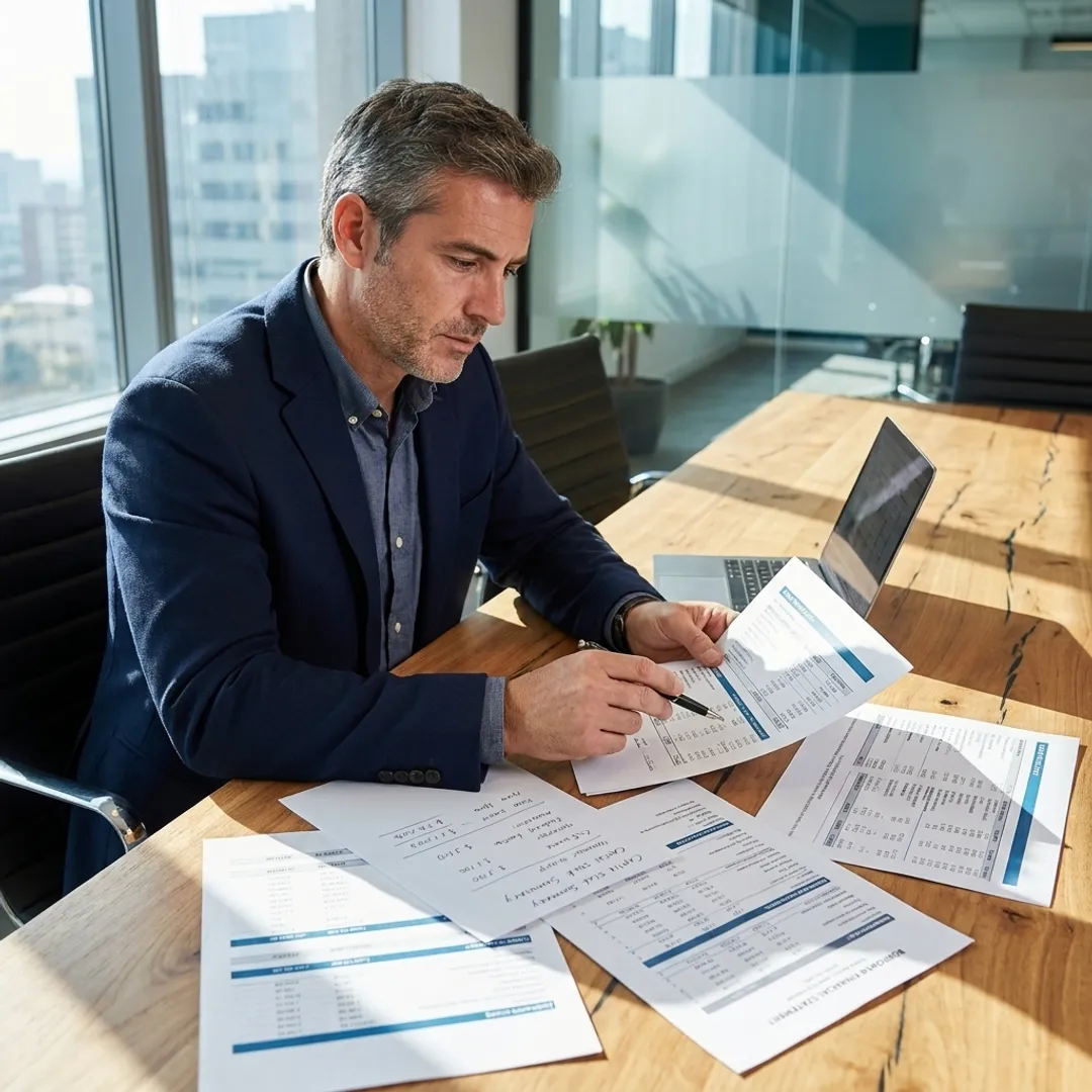 Commercial finance consultant reviewing loan documents