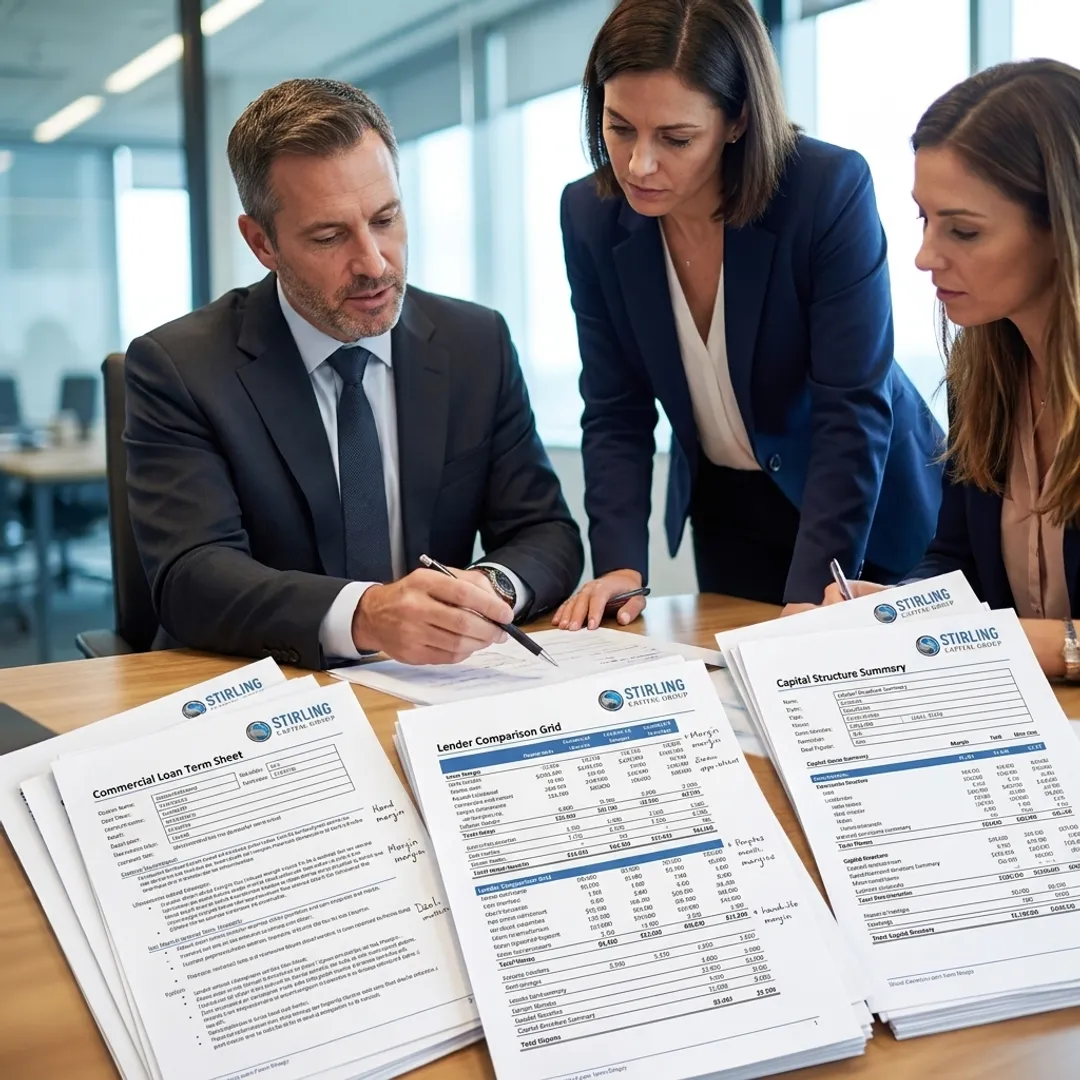 Commercial finance professionals reviewing borrower funding options