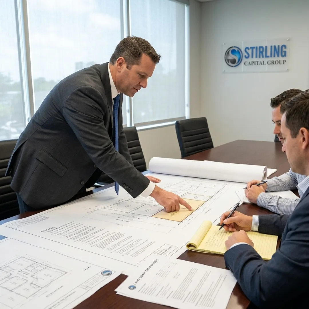 Finance consultant reviewing land loan plans with developers