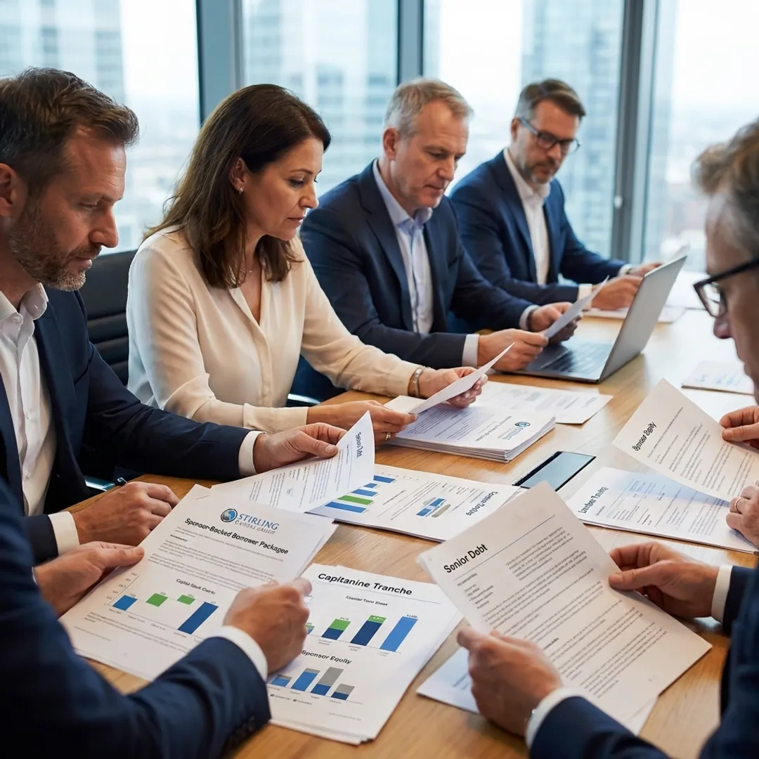 Finance team reviewing sponsor-backed transaction documents