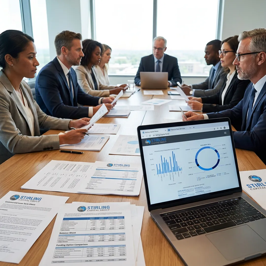 Commercial finance team reviewing funding documents