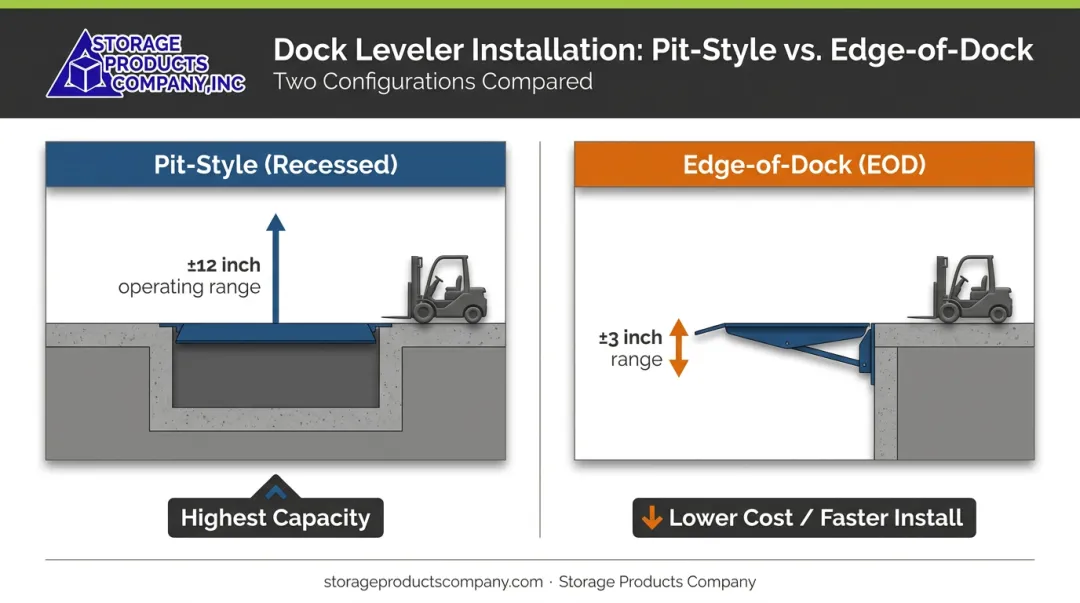 Pit-style versus edge-of-dock leveler installation configuration comparison infographic