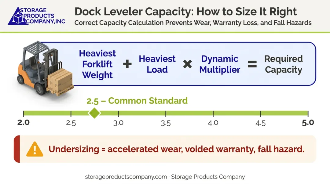 Dock leveler load capacity calculation formula with dynamic multiplier breakdown