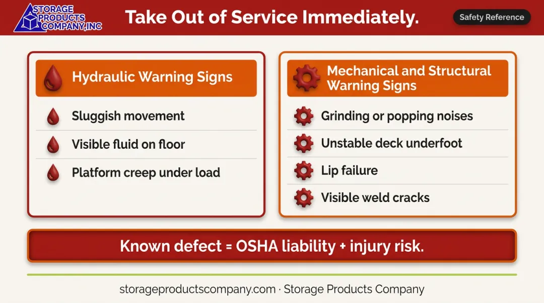 Hydraulic dock leveler warning signs requiring immediate out-of-service action