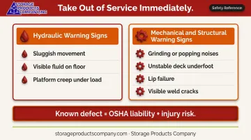 Hydraulic dock leveler warning signs requiring immediate out-of-service action