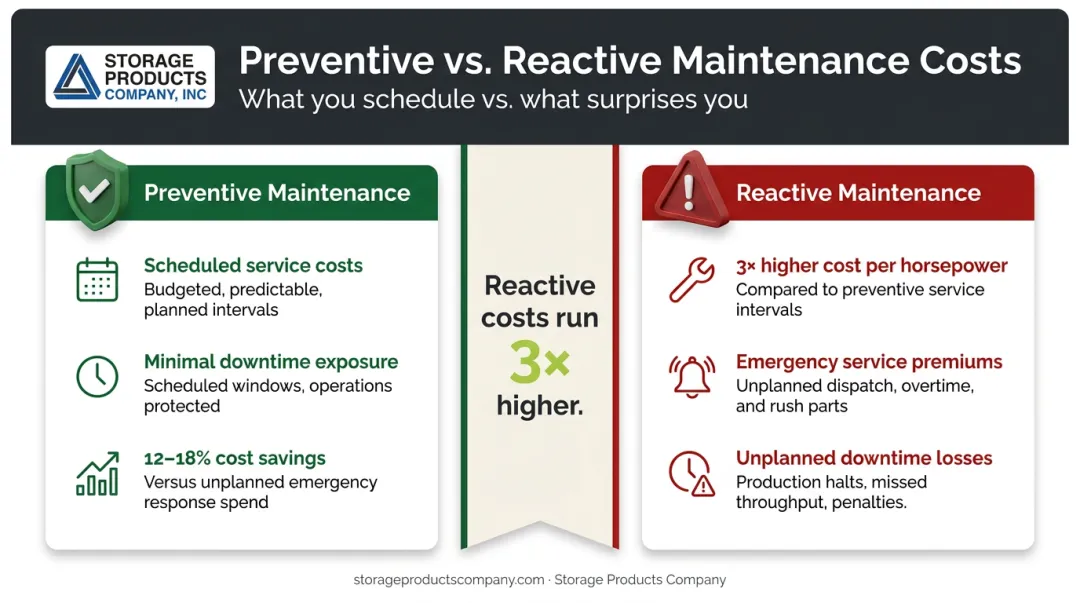 Preventive versus reactive maintenance cost comparison showing 3x expense difference