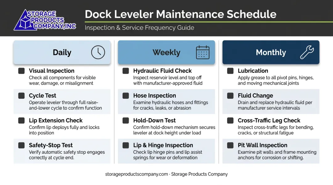 Hydraulic dock leveler maintenance checklist organized by daily weekly monthly frequency