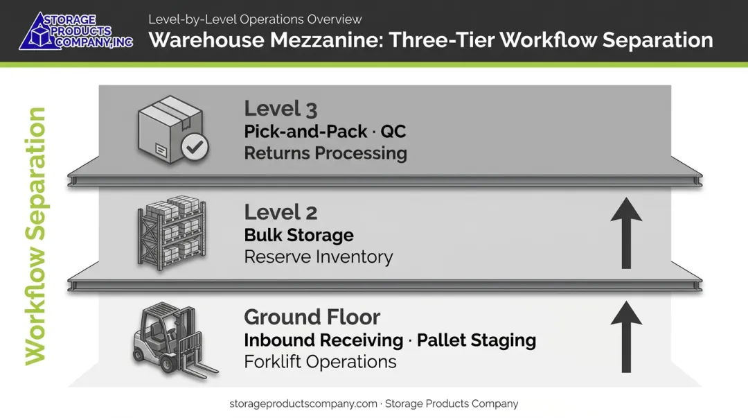 Three-level warehouse mezzanine vertical workflow separation zone diagram