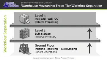 Three-level warehouse mezzanine vertical workflow separation zone diagram
