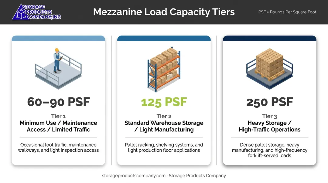 Warehouse mezzanine load capacity PSF ratings three-tier comparison infographic