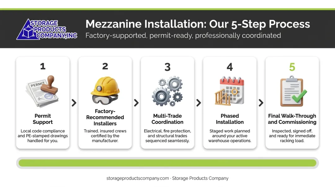 5-step warehouse mezzanine installation process from permit support to final commissioning