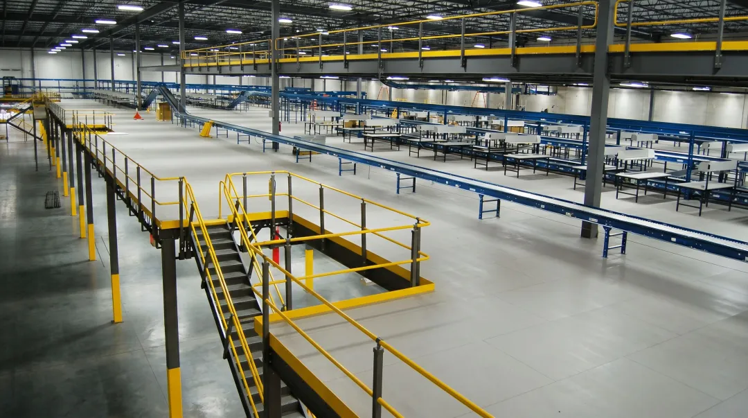 Freestanding structural steel warehouse mezzanine with open column spans and conveyor integration