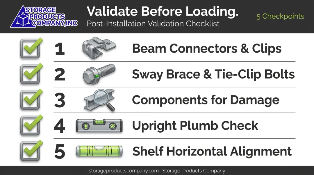 Post-installation shelving validation checklist covering connectors uprights beams and anchors