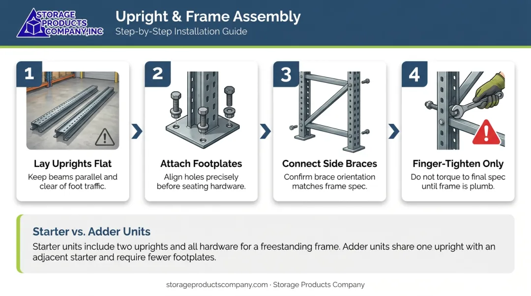 4-step industrial shelving upright and frame assembly process flow diagram