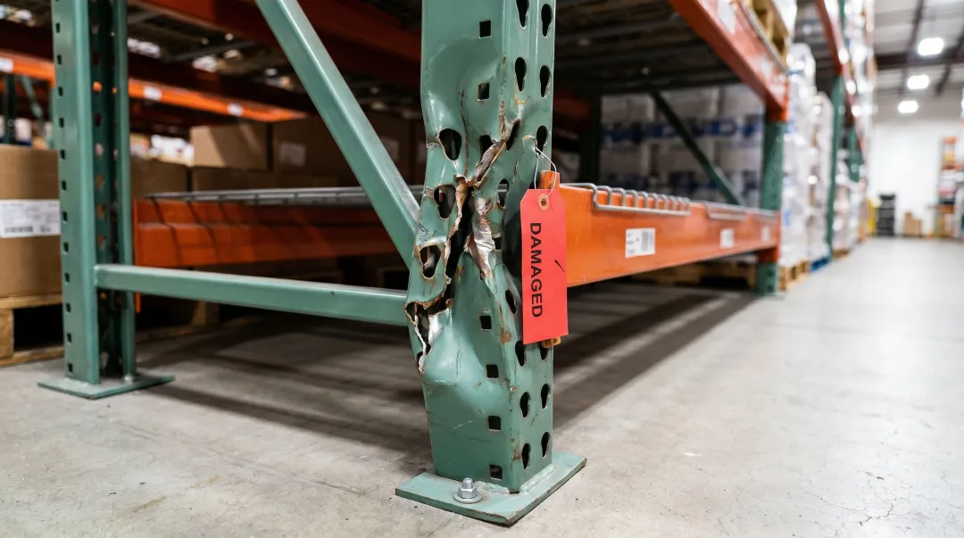 Damaged warehouse pallet rack upright showing forklift impact bend and structural deformation