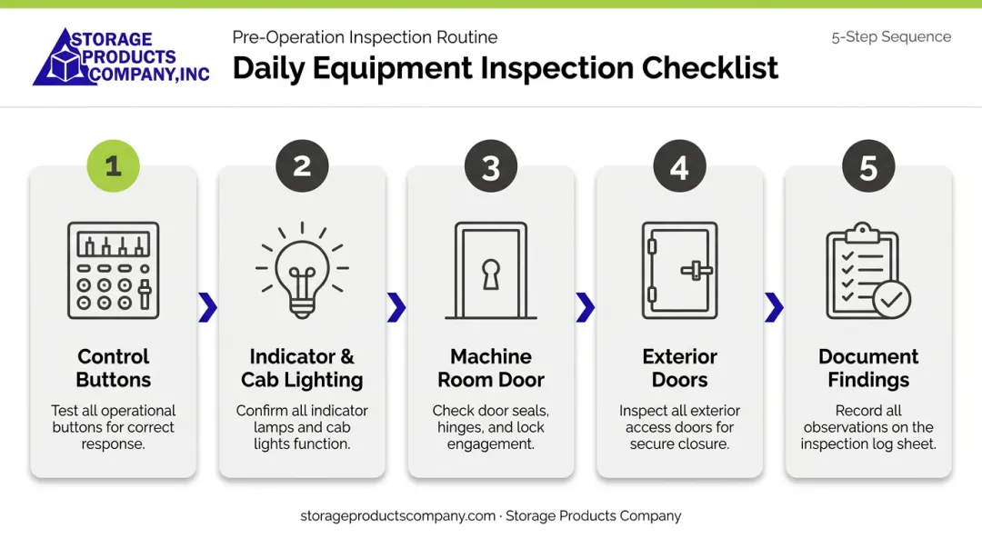 Daily freight lift pre-operation inspection checklist five-step process flow