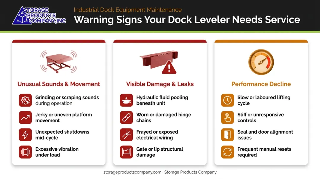 Freight lift warning signs three categories sounds movement leaks and performance decline