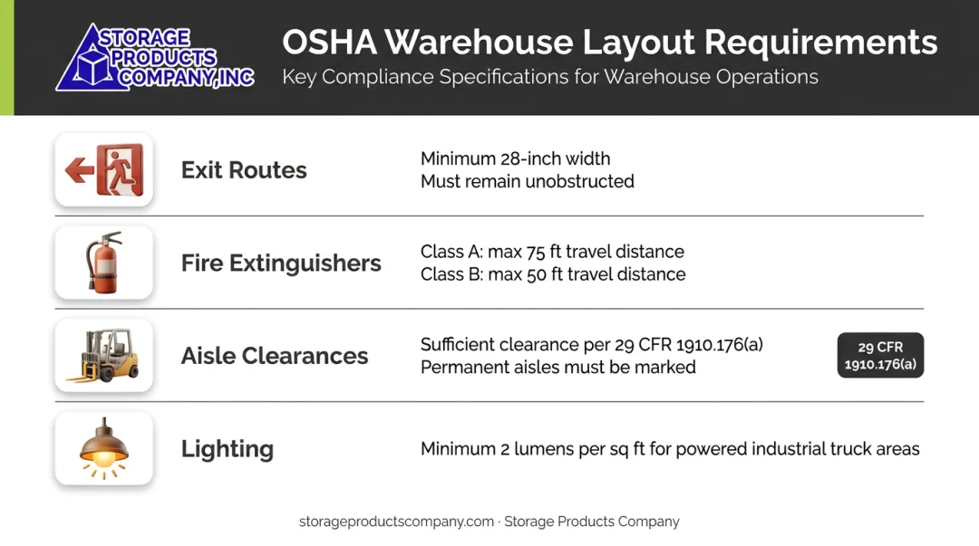 OSHA warehouse layout compliance requirements checklist exit routes aisles fire extinguisher placement lighting