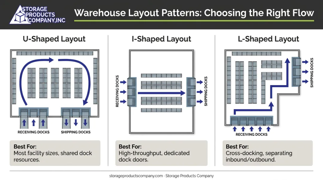 Three warehouse layout patterns U-shaped I-shaped and L-shaped flow comparison
