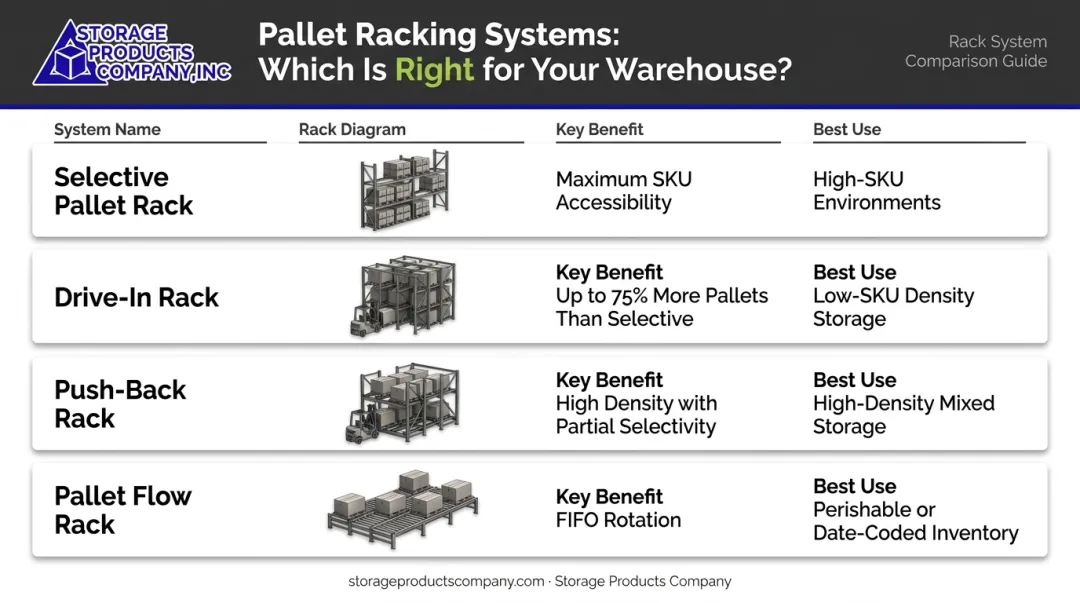 Pallet racking system types comparison selective drive-in push-back and pallet flow rack