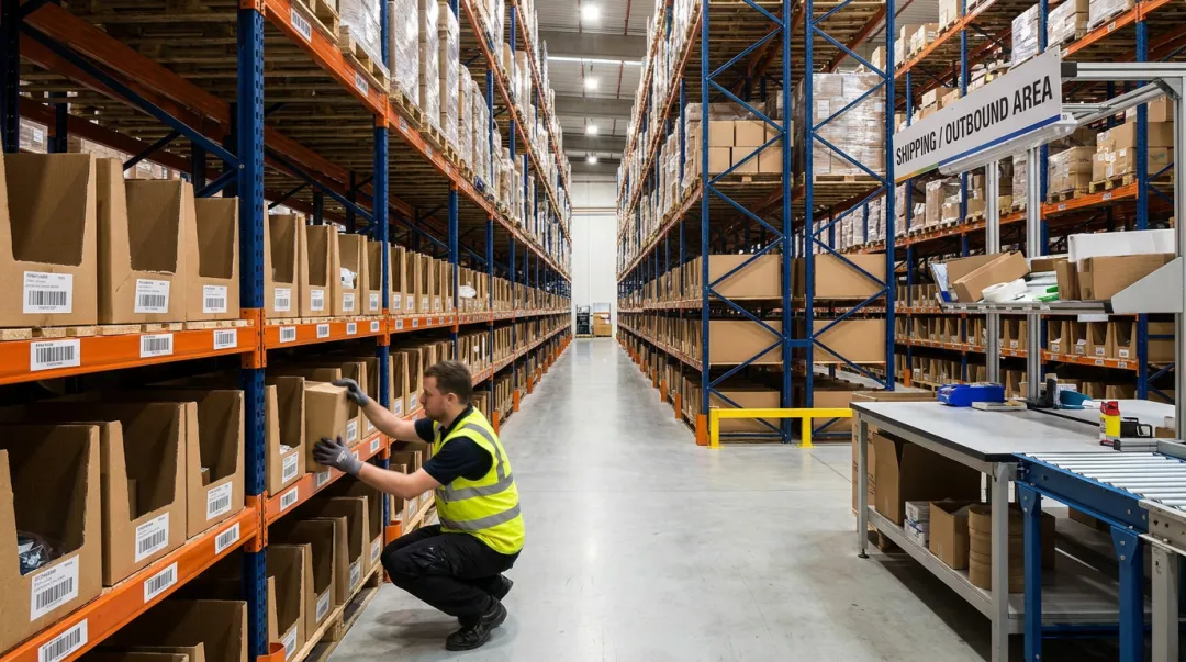 Warehouse worker picking inventory from organized pallet racking near shipping dock