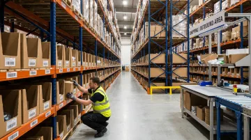 Warehouse worker picking inventory from organized pallet racking near shipping dock