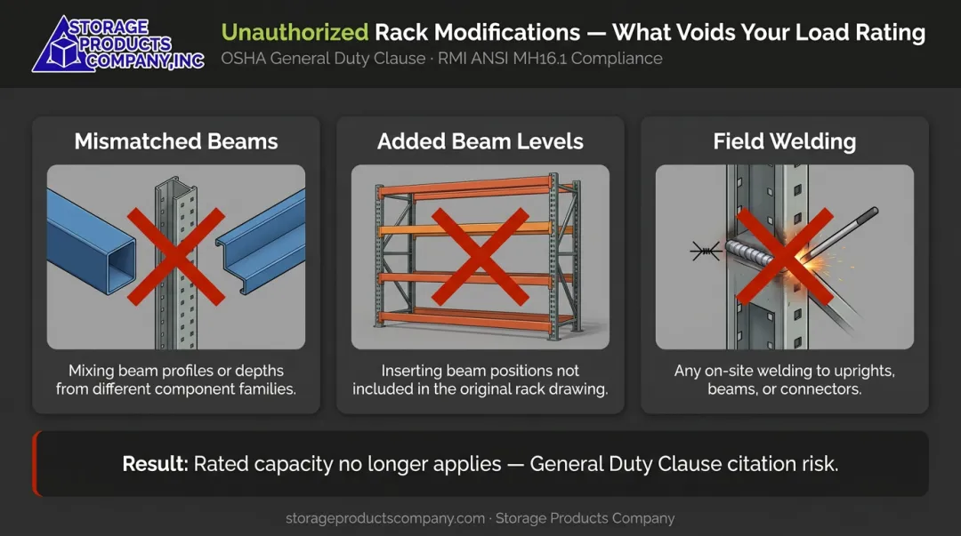 Three unauthorized pallet rack modification types that void load ratings infographic
