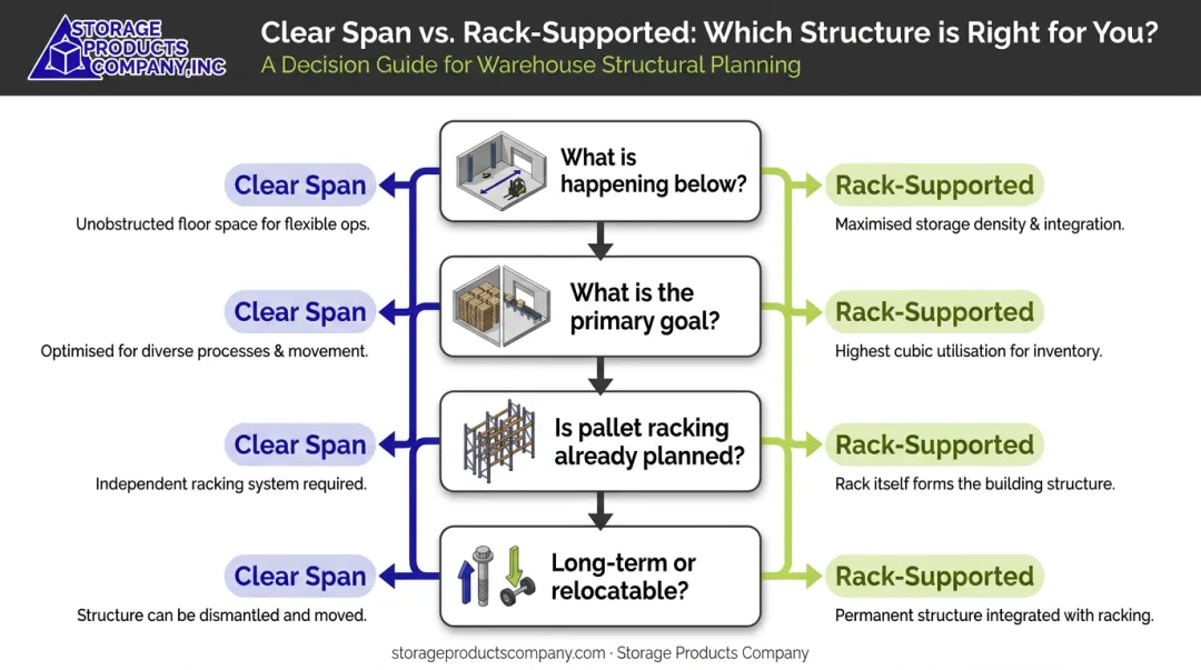 Four-factor mezzanine decision framework flowchart for warehouse selection