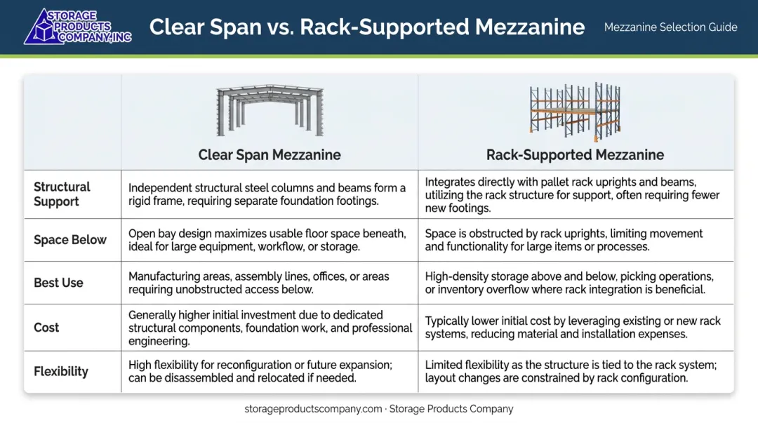 Clear span versus rack-supported mezzanine five-factor side-by-side comparison infographic