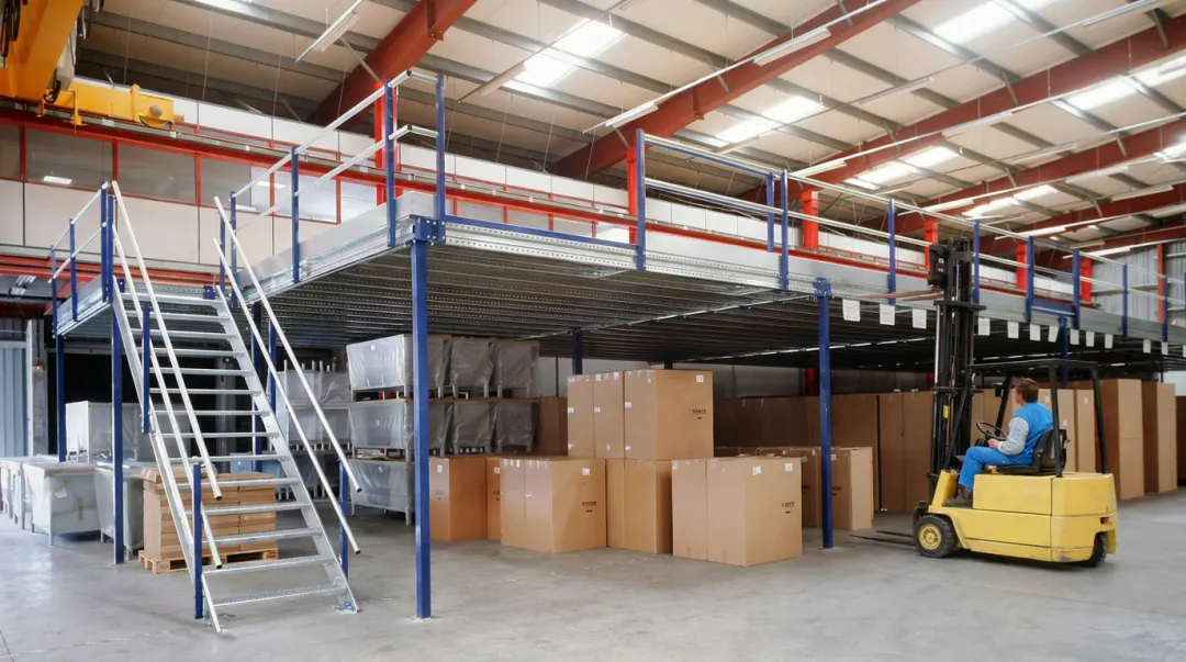 Warehouse mezzanine work platform elevated above active floor-level operations