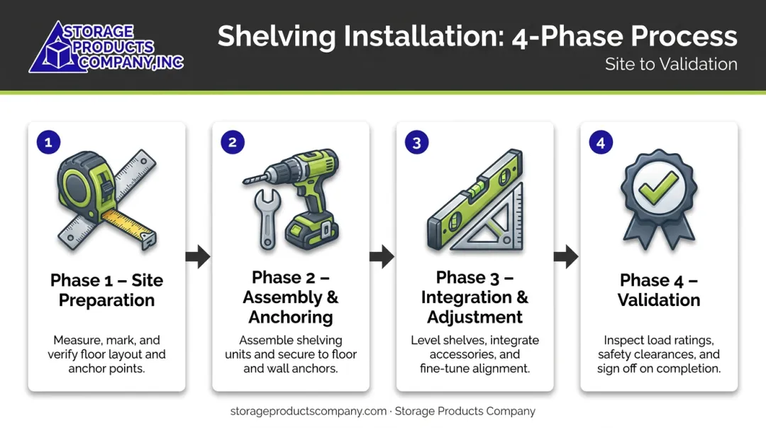 Four-phase shelving installation process flow from site prep to validation