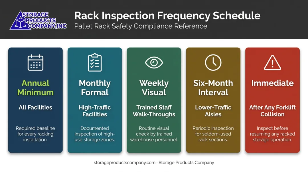 Pallet rack inspection frequency schedule by facility traffic volume tier