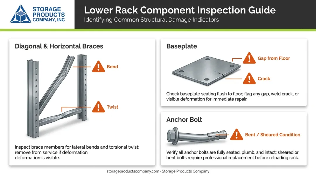 Pallet rack baseplate anchor bolt and brace inspection checklist diagram