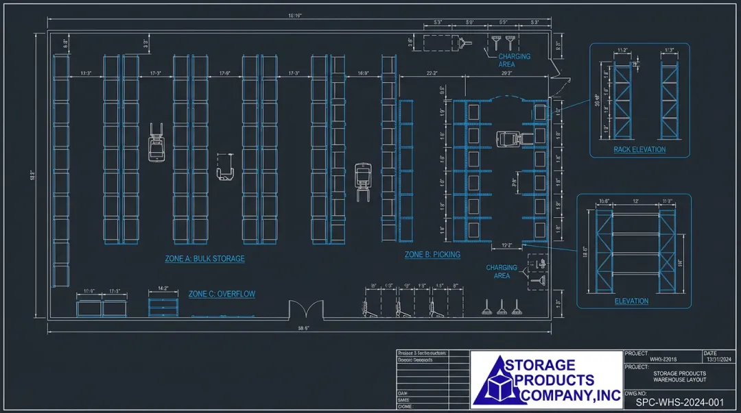 AutoCAD warehouse racking layout drawing showing aisle configurations and rack elevations