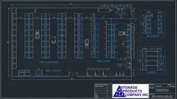 AutoCAD warehouse racking layout drawing showing aisle configurations and rack elevations