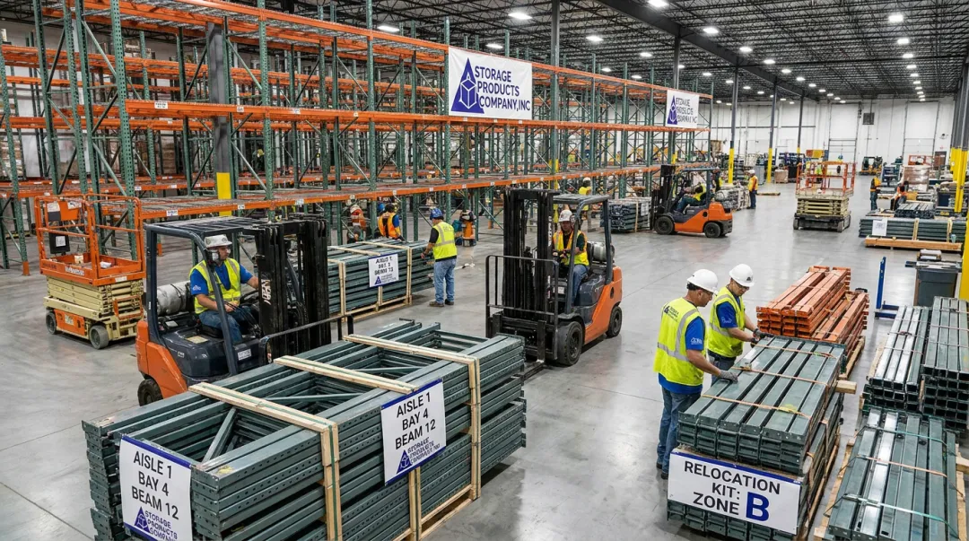 Warehouse rack relocation service showing systematic teardown and reinstallation of pallet racking