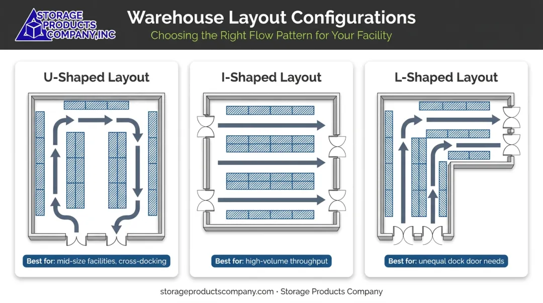 Three warehouse layout shapes U-shaped I-shaped and L-shaped comparison infographic