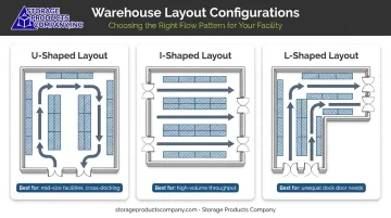 Three warehouse layout shapes U-shaped I-shaped and L-shaped comparison infographic
