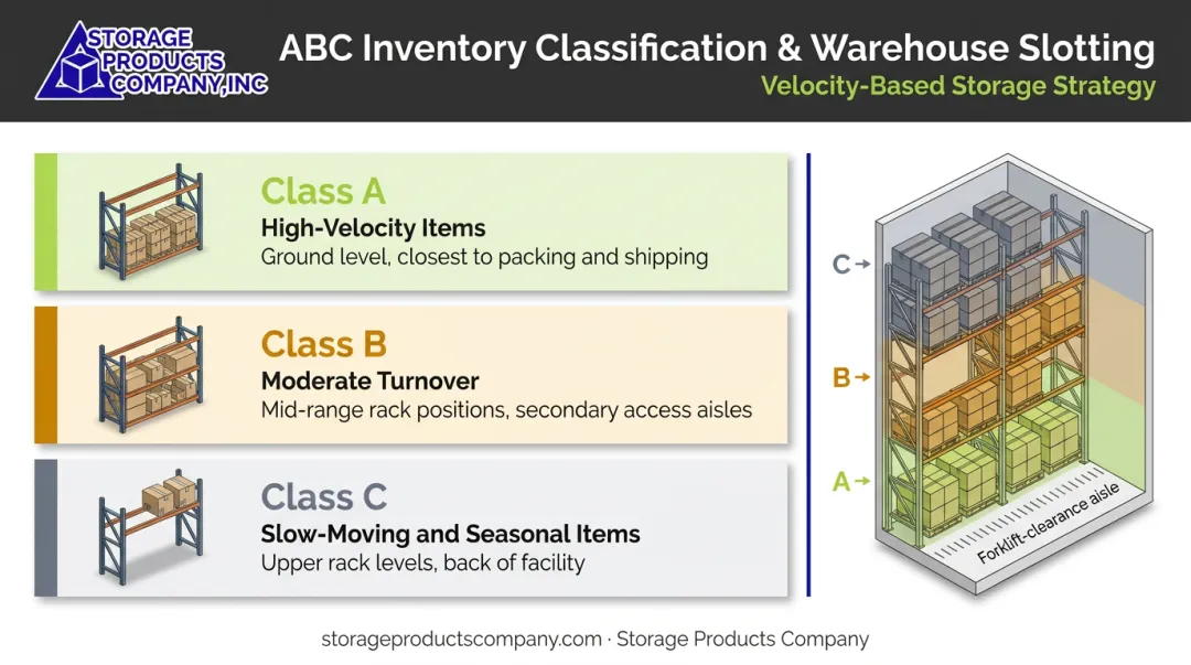 ABC inventory analysis warehouse slotting positions by velocity and turnover rate